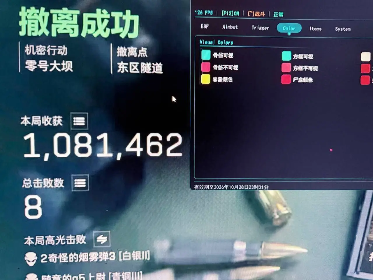 零号大坝成功撤离结算，右侧显示透视颜色设置
